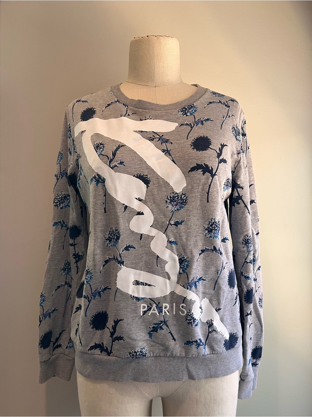 Kenzo Paris grey pullover crewneck sweatshirt blue floral sz med